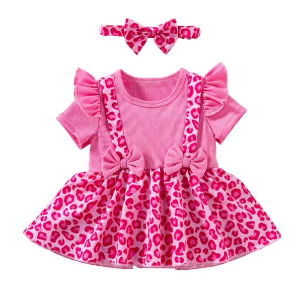 Newborn Outfit Baby Girl Clothes Pink Bow Short Sleeve Rompers Cute Headband Set Summer Clothing Baby Romper Dress - Image 5