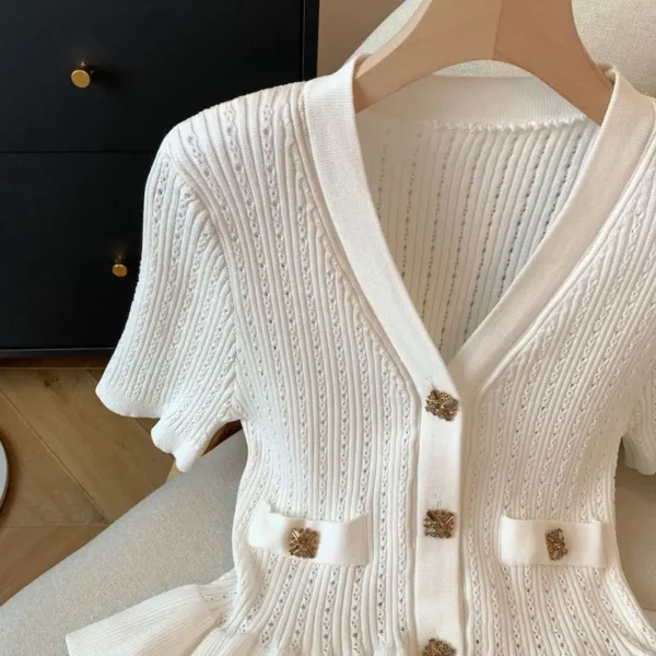 French Elegant Peplum Knit Blouse Women Summer V Neck Lace Hem Short Sleeve White Button Shirt Chic Slim Fit Office Lady Tops - Image 3