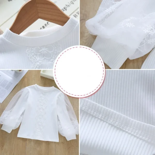 Girls Long Sleeve Cotton T-Shirt Spring Autumn White Blouse Bubble Sleeve Top Princess Elegant Lace Trim Thin Layering Shirt - Image 5