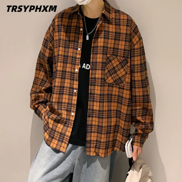TRSYPHXM 2024 new American retro checkered shirt men's long sleeved trendy casual shirt autumn cool top coat - Image 4