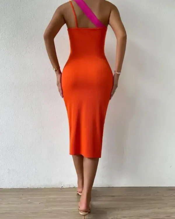 CPSYMYM Sexy Women's Dresses Summer Colorblock Patchwork Cutout One Shoulder Sleeveless Midi Bodycon Slit Dress - Image 3