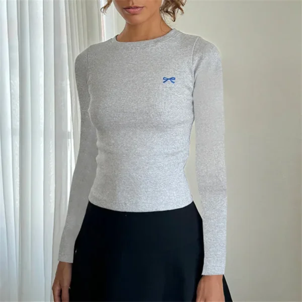 Women Y2K Crop Tops Long Sleeve Ribbed Knit Shirts Cute Bow Embroidery Tee Shirts Teen Girls Slim Fitted Baby Tees