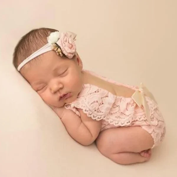 2 Pcs/Set 0-1Month Newborn Photography Props Baby Headband Lace Romper Bodysuits Outfit Baby Girl Costume Photo - Image 3