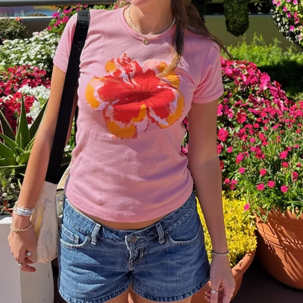 Women Flower Print Baby Tee Y2K Cute Graphic Floral Crop Tops Beach Club T Shirts Summer Vintage 90s Aesthetic Clothes 2025 - Image 4
