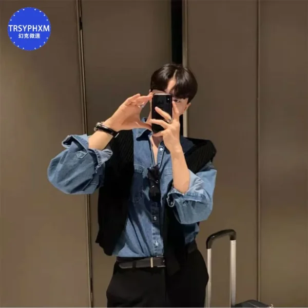 TRSYPHXM new Blue men's denim long sleeved shirt for a high-end look, paired with a British yuppie shirt and autumn coat - Image 6