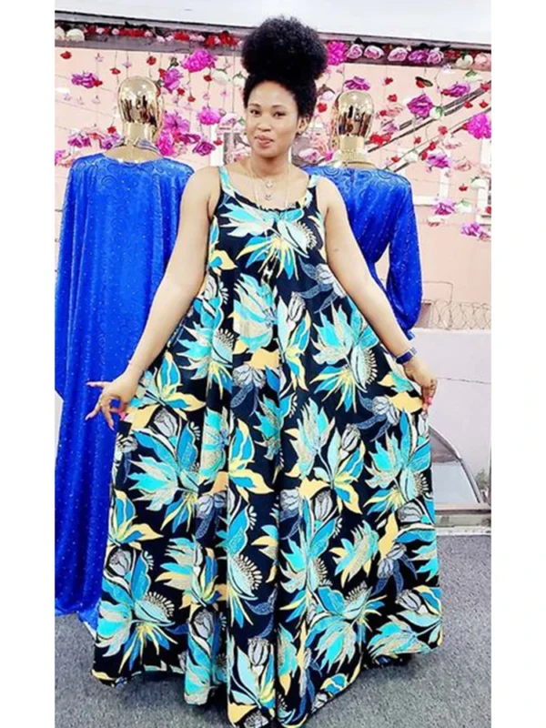 2025 New African Printed Dress for Women Round Neck Loose Fit Midi Dress Spring and Autumn Fashion Pleated Dresses - Image 3