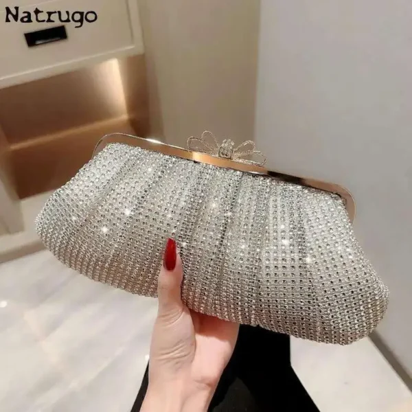 Silver Shiny Women Party Clutch Bow Buckle Luxury Evening Bags Prom Wedding Dinner Handbags With Chain Rhinestones 2024 New - Image 4