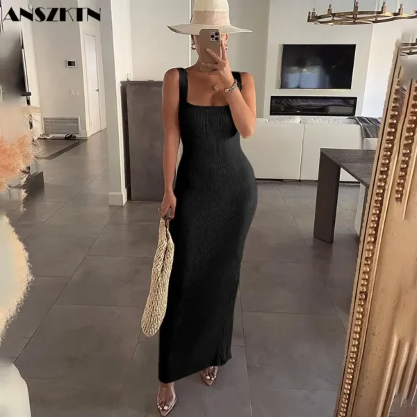 Ladies Maxi Dress Sleeveless Bodycon Solid Slim Fit Spring Summer Women Square Neck Casual Dresses - Image 2