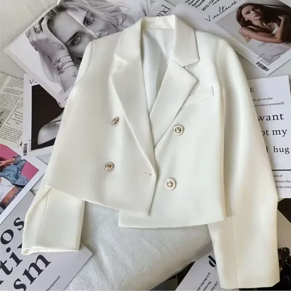 Fashion Long Sleeve Crop Blazer Women Autumn Winter Solid Color Sgle Breasted Jackets Tops Office Lady White Coat Outwear - Image 2