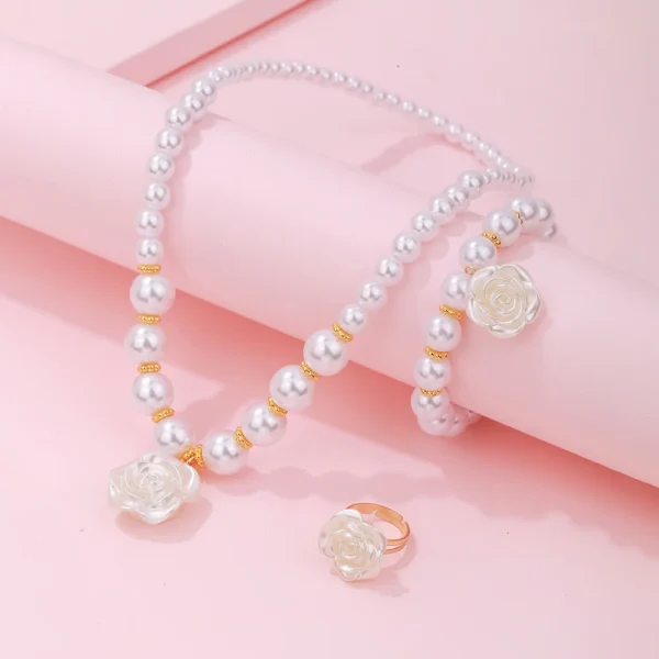 3pcs Set Cute Sweet Pearl Beaded White Camellia Flower Necklace Bracelet Ring for Girls