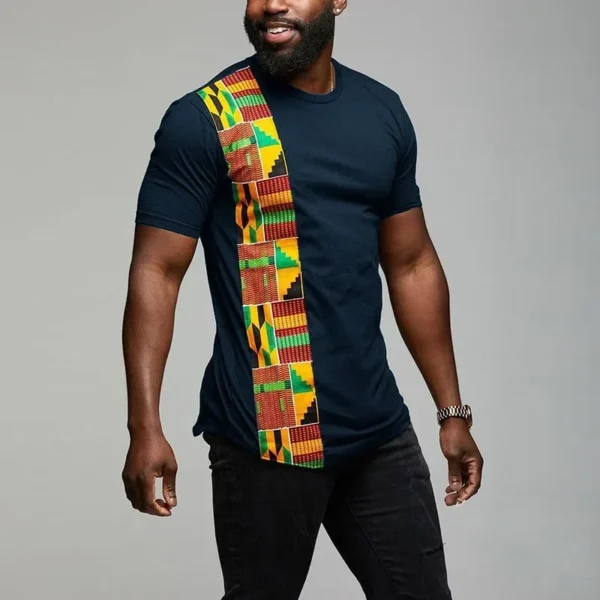 African kente T shirt patchwork color print top wear mens Ankara style panel tees o neck Kitenge for men short sleeves Black - Image 4