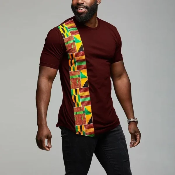 African kente T shirt patchwork color print top wear mens Ankara style panel tees o neck Kitenge for men short sleeves Black - Image 5