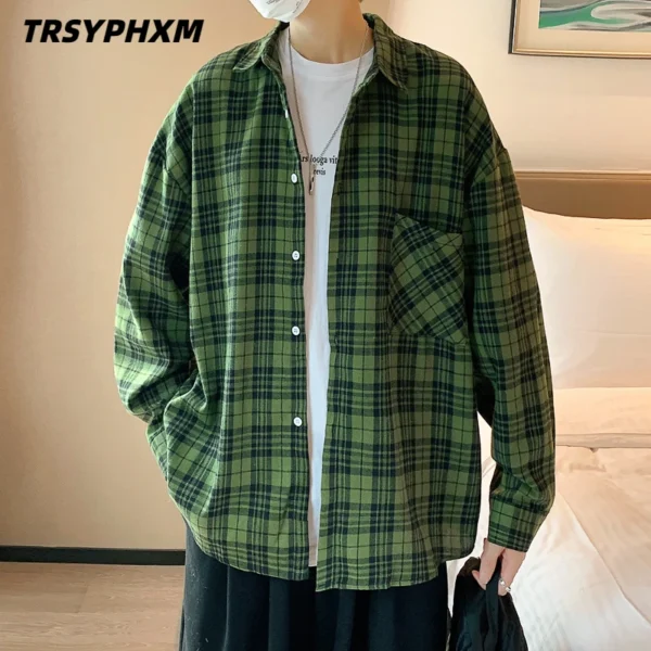 TRSYPHXM 2024 new American retro checkered shirt men's long sleeved trendy casual shirt autumn cool top coat - Image 3