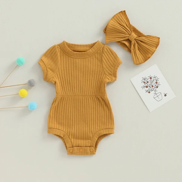 Sweety Baby Girl 2 Piece Outfits Solid Color Short Sleeve Romper with Bow Headband Set Summer Baby Bodysuits Clothes - Image 2