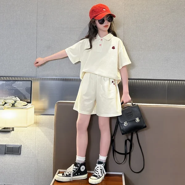 Korean Fashion Girls Summer Clothing Sets Short-Sleeve Polo Shirts and Shorts with Heart Embroidery Two Pieces Kids Costume Suit - Image 4