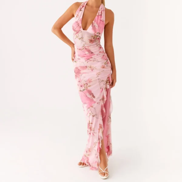 Womens Floral Slip Dress Sexy Spaghetti Strap Backless Maxi Dress Slim Fit Long Dress Flowers Print Bodycon Dress