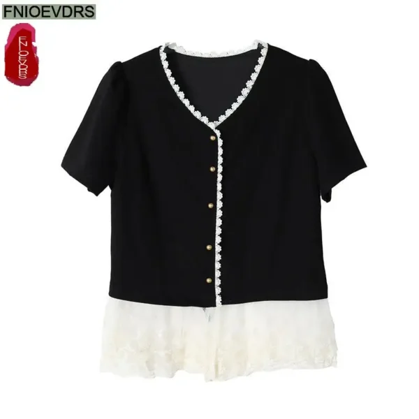 Office Shirts Basic Wear New Design 2025 Women Elegant Fashion Work Lady Summer Short Sleeve Black Lace Peplum Tops Blouses - Image 5