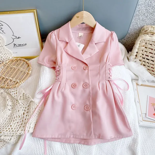 Fashion Children Girls Dress 2-8Years Teen Kids Solid Color Short Sleeve V-Neck Bandage Waist Jacket Mini Dresses Blazer Clothes - Image 4