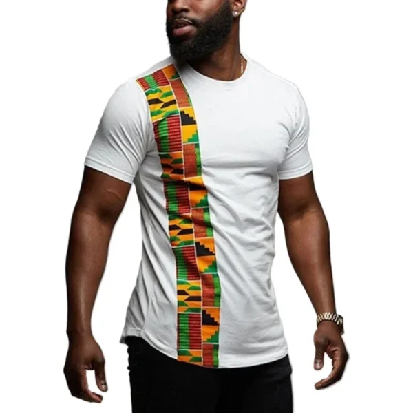 African kente T shirt patchwork color print top wear mens Ankara style panel tees o neck Kitenge for men short sleeves Black - Image 6
