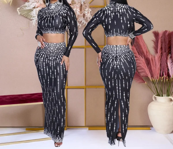 Women Printed two-piece Elegant Party Dresses Woman Long Sleeve Rhinestone Bodycon Maxi Prom Evening Vestidos Long Dresses HW86 - Image 2