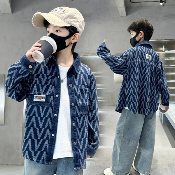 Spring Autumn Korean Boys Denim Jackets for Kids Slim Fit Vintage Blue Jeans Coat Outerwear Teens Child Letter Pattern Clothing