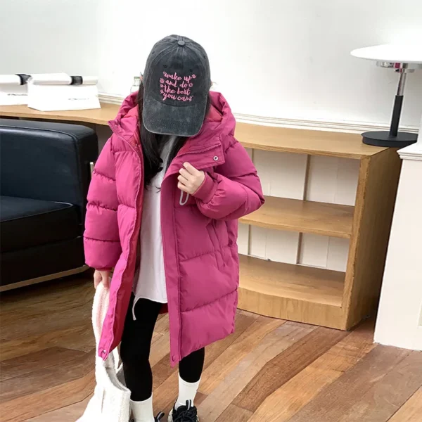 2024 Winter New Girls Jacket Long Solid Color Thick Keep Warm Hooded Down Outerwear For 3-10Y Teen Girls Casual Cotton Windbreak - Image 3