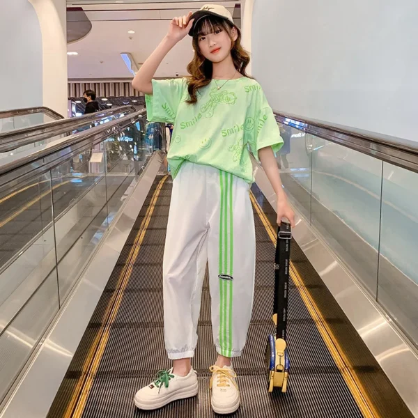 Teen Girls Sport Suit letters short t-shirt + striped Pants Children Set Tracksuit Kids Leggings - Image 3