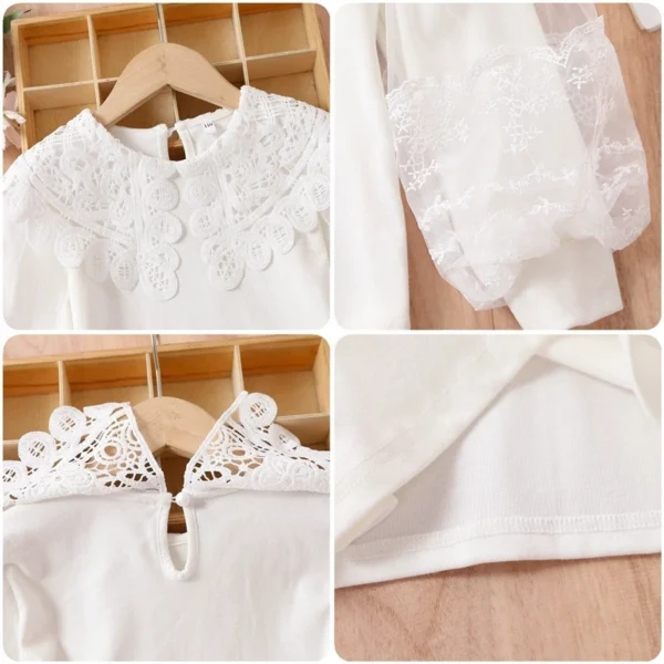 2025 Girls White Cotton T-Shirt Bubble Sleeve Blouse Floral Lace Collar Top Spring Layering Tee Princess Pure White Kids Shirt - Image 5