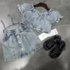 Girls Denim Set New Fashion Bubble Sleeve Denim Short Top A-line Skirt Two Piece Set 2025 Summer New Children Clothing