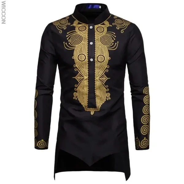 Ramadan men's long sleeve shirts fashion Muslim straight mid length printed T-shirts slim African clothing men's tops - Image 3