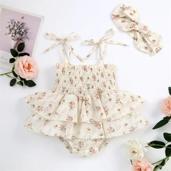Baby Girl Summer Jumpsuit Set Floral Elasticated Bust Sleeveless Ruffled Romper with Bow Headband - Image 3