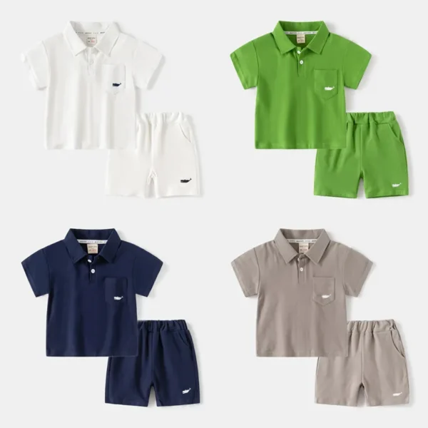 Children's Short Sleeve Set 2025 Summer New Korean Edition Boys' Solid Color Polo Shirt Top Five Leg Pants Two Piece Set Wholesa - Image 5