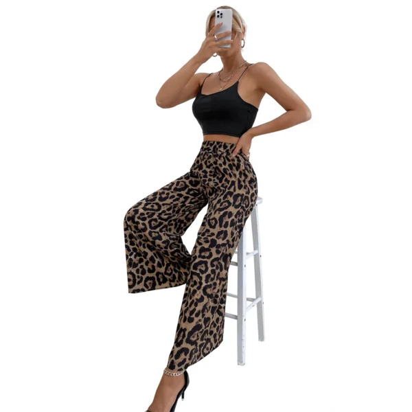 Women Leopard Wide Leg Ankle Length Pants Elastic Waist Spliced Loose Fit Capris Pockets High Street Autumn Slight Strech - Image 4
