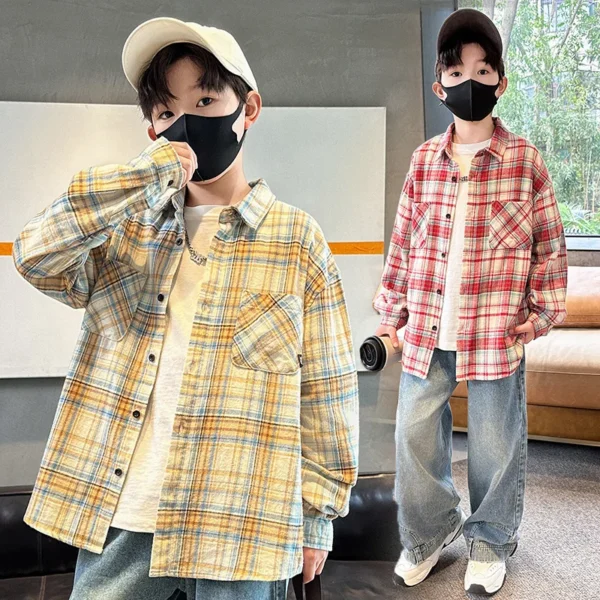 Kids Fashion Classic Plaid Shirt With Pocket for Boy Casual Blouse Teen Child Top New Spring Long Sleeve Baby Boy Clothes Outfit
