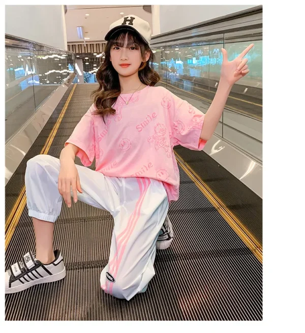 Teen Girls Sport Suit letters short t-shirt + striped Pants Children Set Tracksuit Kids Leggings - Image 6