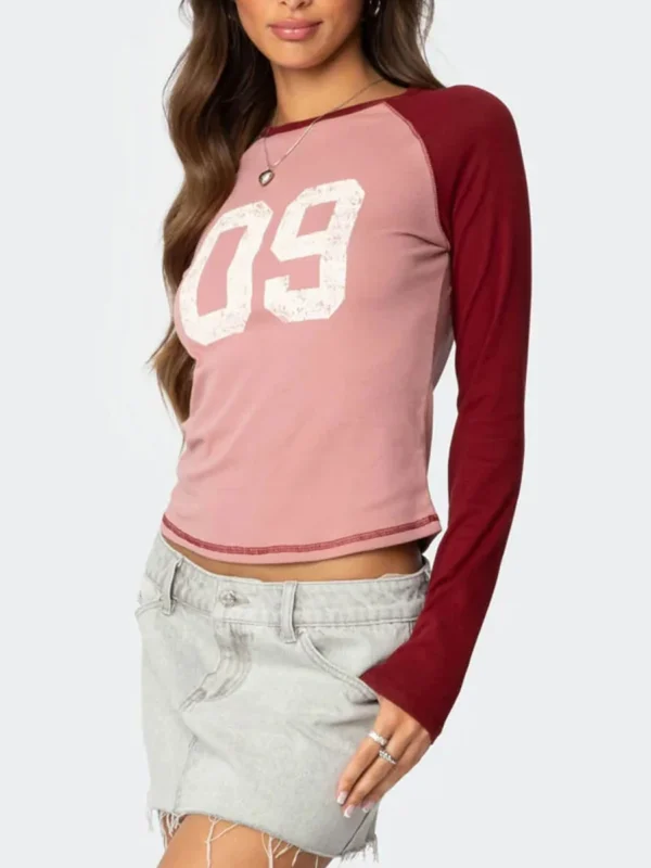 Womens Graphic Fall T-Shirt Slim Number Print Raglan Long Sleeve Round Neck Crop Shirt Casual Teen Girls Tee Pullover Streetwear - Image 3