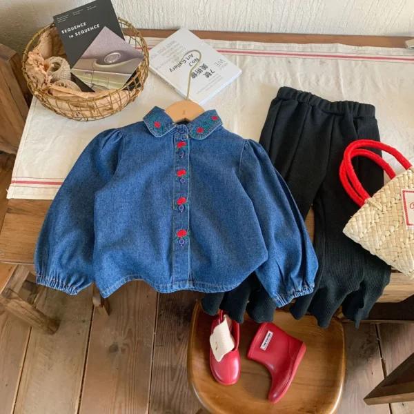 Korean Style Spring Autumn Baby Girls Denim Coats Blue Single Breasted Red Flower Print Toddler Cardigans Kids Outwear - Image 2