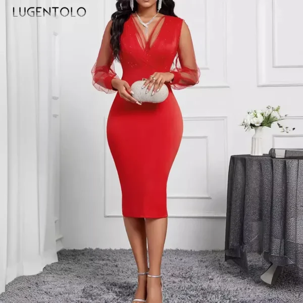 Women Midi Dress Summer Mesh Long Sleeves V-Neck Sequins Glamorous Sexy Hip Wrap Design Stylish Banquet Cocktail Party