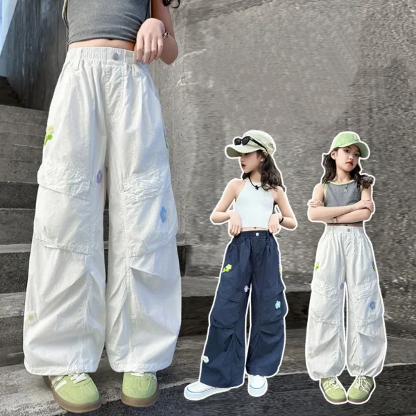 Teen Girls Cargo Pants Child Retro Floral Embroidered High-Waist Straight Wide-Leg Pants for Kids Casual Fashion Loose Trousers - Image 2