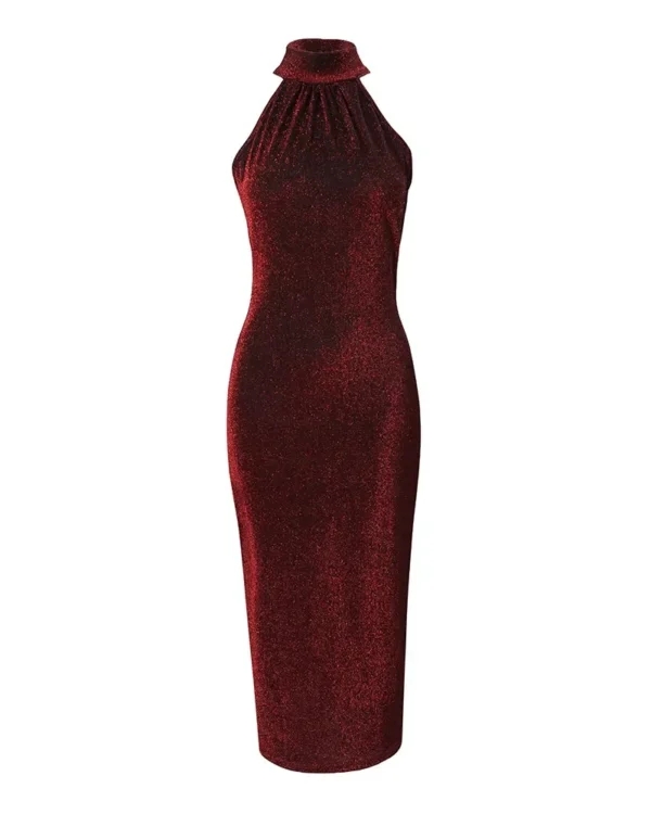 Women Sexy Slim Mini Dress Halter High Neck Sleeveless Glitter Bodycon Dress Evening Party - Image 4