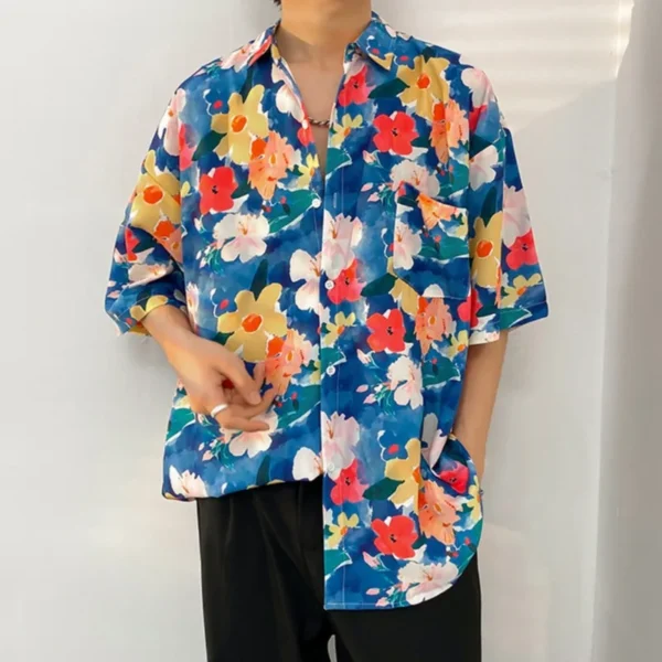 High Quality Men Hawaiian Shirt Full Flower Printed Casual Short Sleeve Daily Loose Tops Male Beach Floral Shirts - Image 5