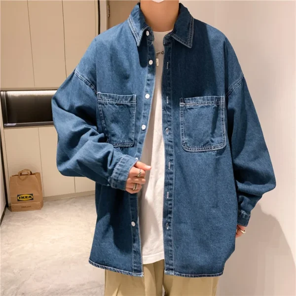 Denim long sleeved shirt men's solid color autumn Korean version trendy simple shirt Hong Kong style loose jacket