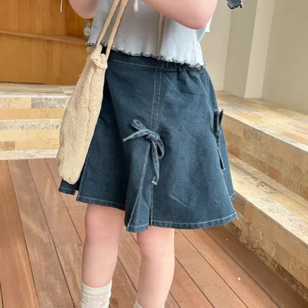 Girls' Fashion Bow Denim Half Skirt, Korean Style Children's Clothing 2025 Summer New Stylish Versatile Half Skirt - Image 3