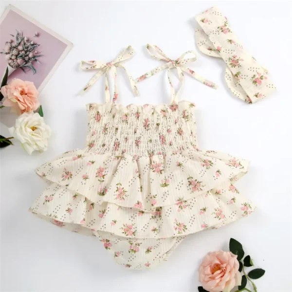 Baby Girl Summer Jumpsuit Set Floral Elasticated Bust Sleeveless Ruffled Romper with Bow Headband - Image 2