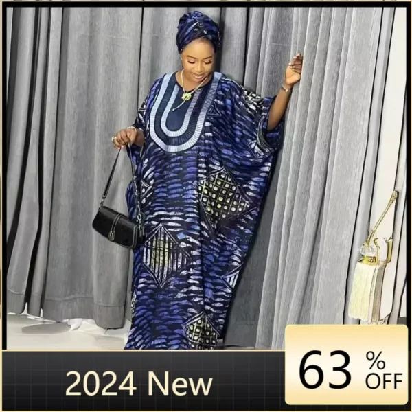 Customized CustomizedAfrican Dresses For Woman Bazin Riche Embroidery Design Long Dress With Scarf - Image 3