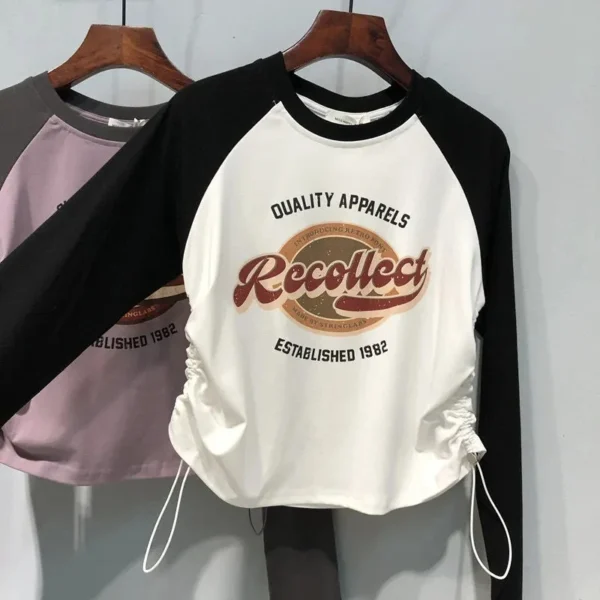 Teen Girls Spring and Autumn Letter Printing Long sleeved T-shirt Slim Fit Drawstring Children's Bottom Shirt Round Neck Top - Image 2