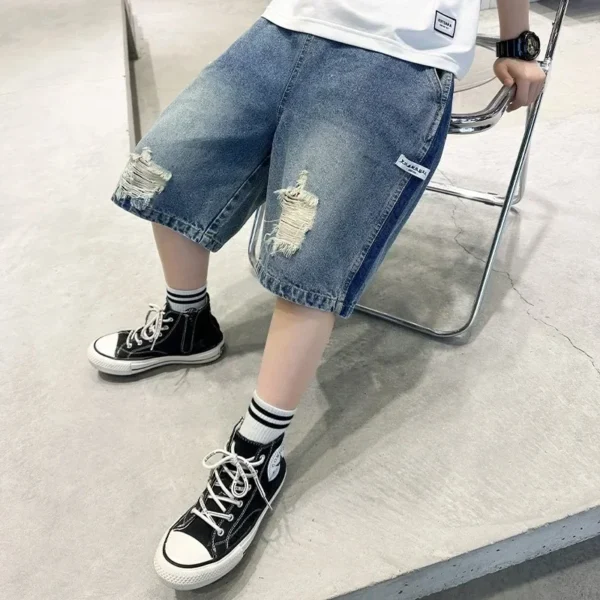 New 2025 Boys Summer Thin Denim Five-point Pants Kids Trendy Ripped Denim Shorts Trousers Teen Casual Jeans Children's Clothing - Image 4