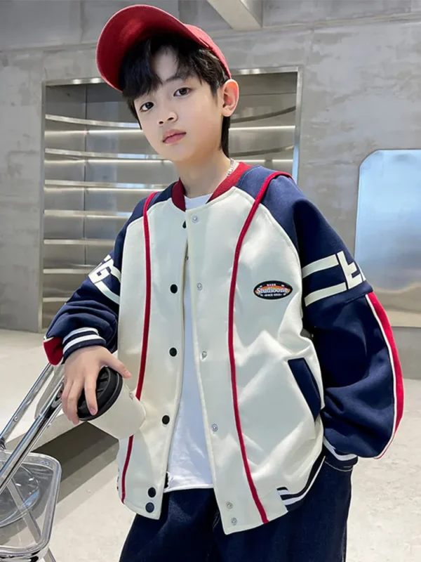 Boys Casual Loose Bomber Outerwear XMP628 Autumn Spring Red Green Baseball Jacket Coat Kids Buttons Uniform Patchwork - Image 2