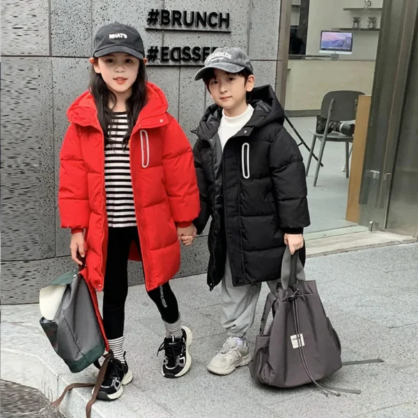 2024 Winter New Girls Jacket Long Solid Color Thick Keep Warm Hooded Down Outerwear For 3-10Y Teen Girls Casual Cotton Windbreak - Image 6