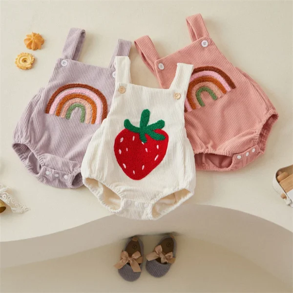 Tregren 0-18M Newborn Infant Toddler Baby Girls Romper Strawberry Rainbow Embroidery Jumpsuit Overall Summer Clothing